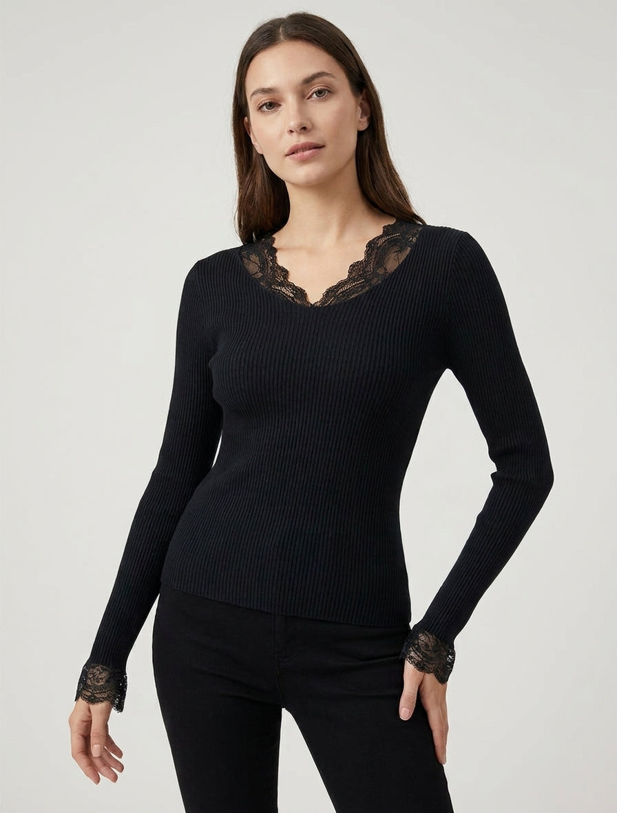 Pull côtelé à col en dentelle - Noir