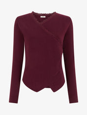 Pull côtelé asymétrique à détail dentelle - Lie de vin - 1