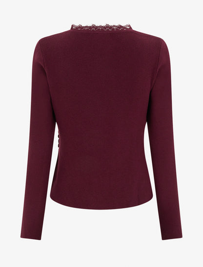 Pull côtelé asymétrique à détail dentelle - Lie de vin - 2