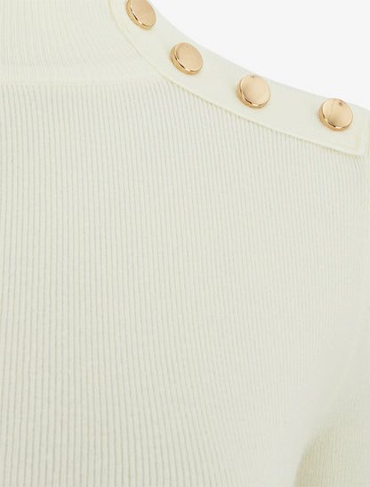 Pull fin ajusté à col montant et boutons décoratifs - Crème - 3