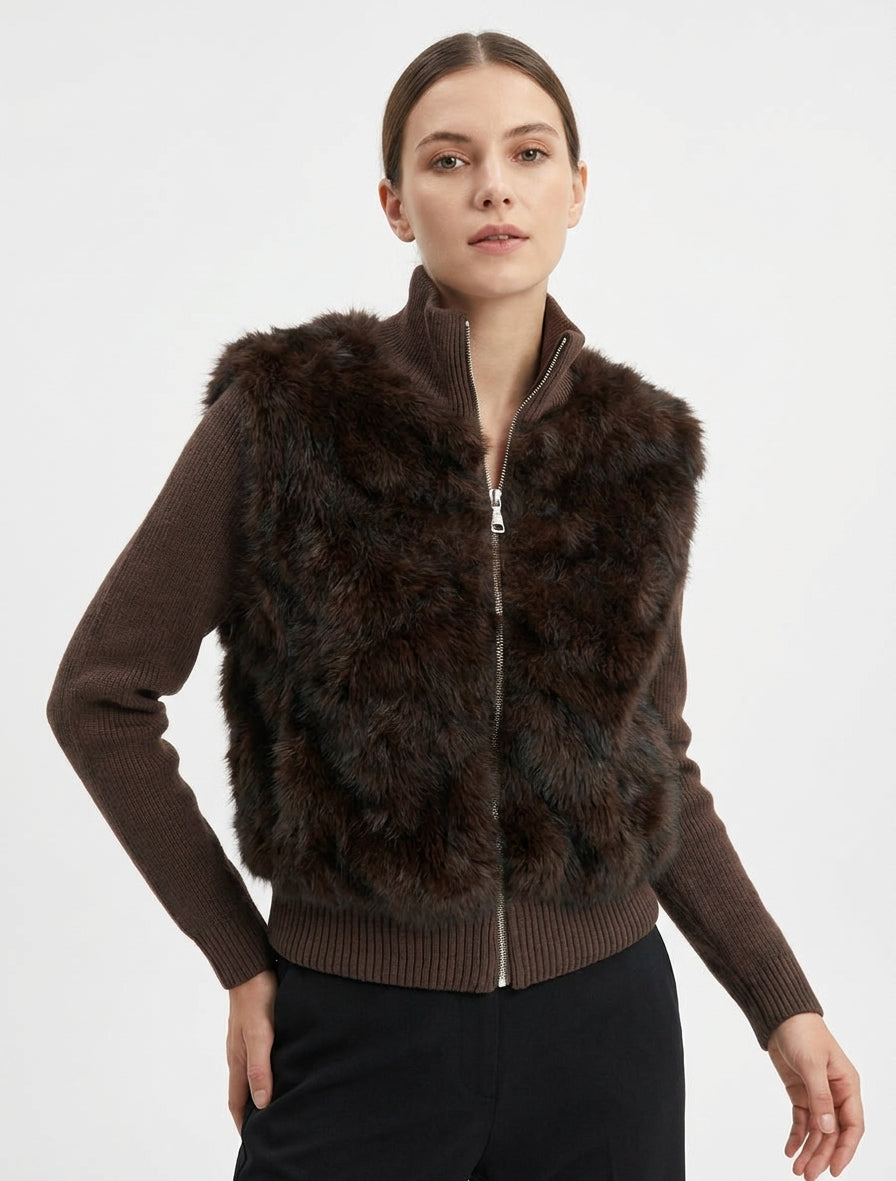 Veste côtelée à empiècement fourrure synthétique - Marron