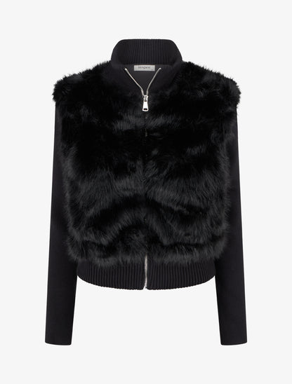 Veste côtelée à empiècement fourrure synthétique - Noir - 1