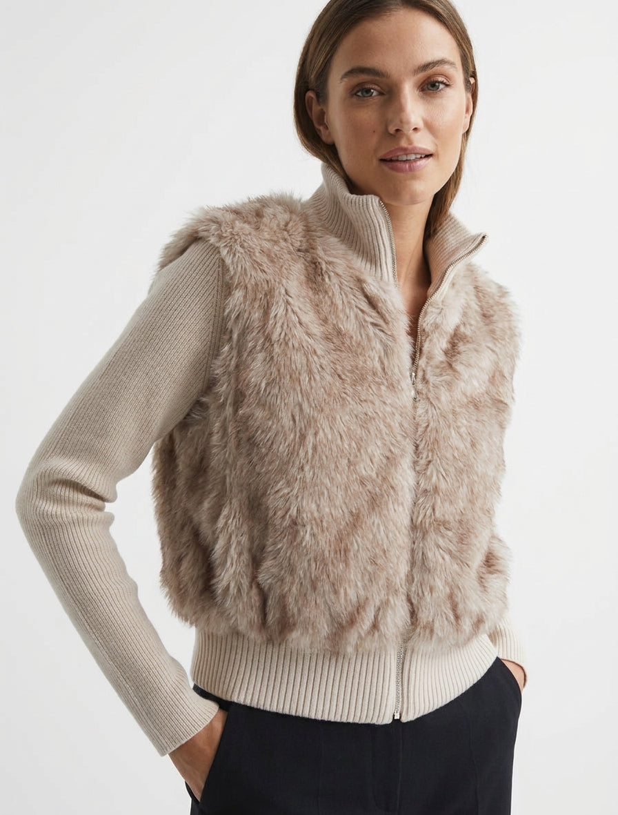 Veste côtelée à empiècement fourrure synthétique - Beige