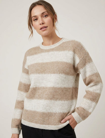 Pull droit à col rond et rayures stylisées - Taupe