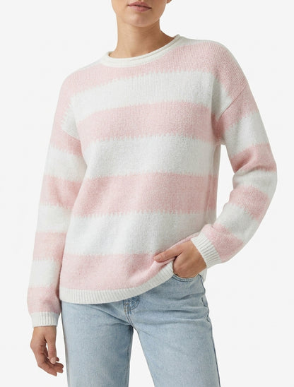 Pull droit à col rond et rayures stylisées - Rose