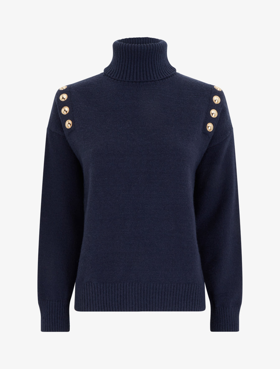 Pull droit à col roulé et boutons décoratifs - Marine - 1