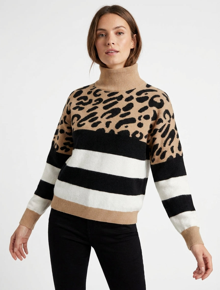 Pull imprimé léopard et rayé à col roulé - Camel clair