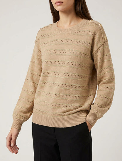 Pull à rayures irisées et boutons décoratifs - Camel clair