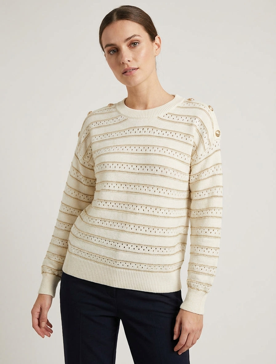 Pull à rayures irisées et boutons décoratifs - Crème