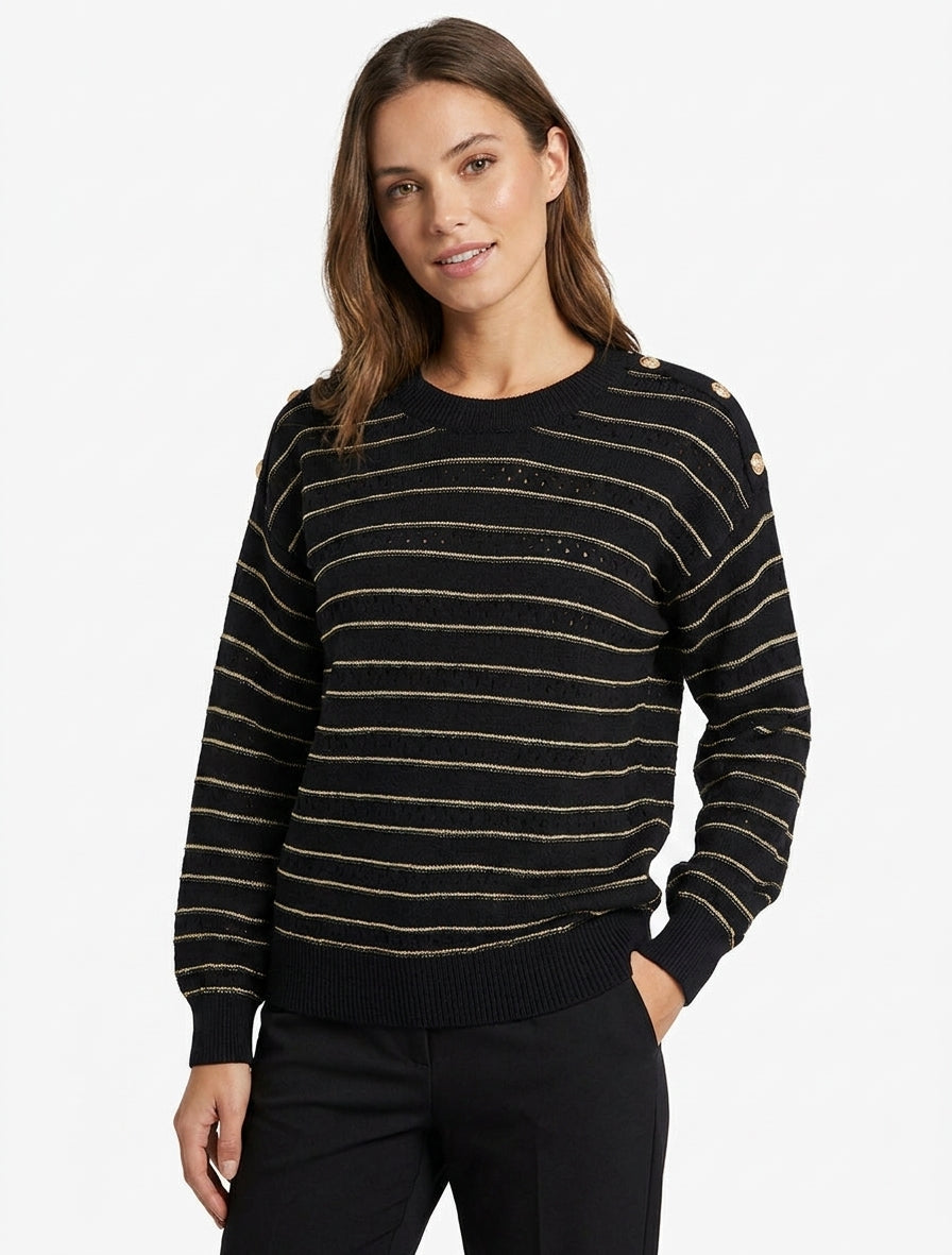 Pull à rayures irisées et boutons décoratifs - Noir