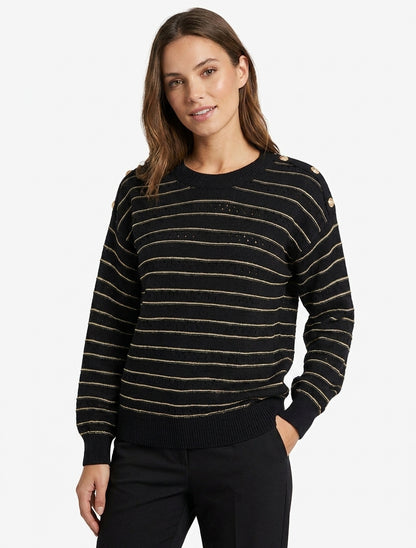 Pull à rayures irisées et boutons décoratifs - Noir