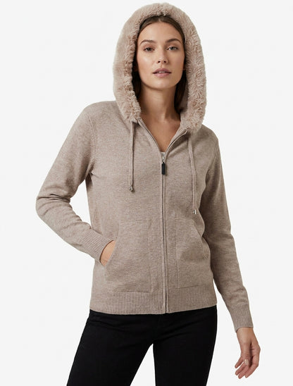 Sweat fin à capuche à fourrure et zip - Taupe