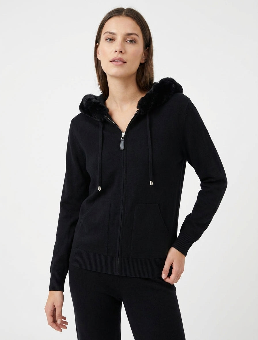 Sweat fin à capuche à fourrure et zip - Noir