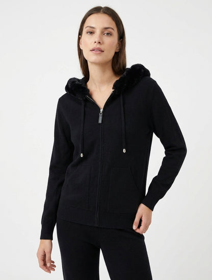 Sweat fin à capuche à fourrure et zip - Noir