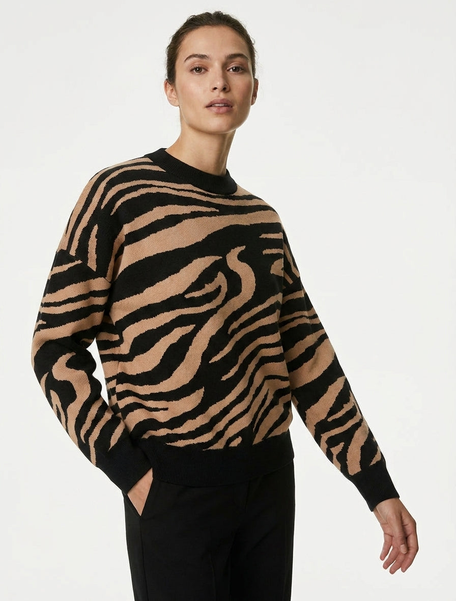 Pull ample imprimé zèbre - Camel