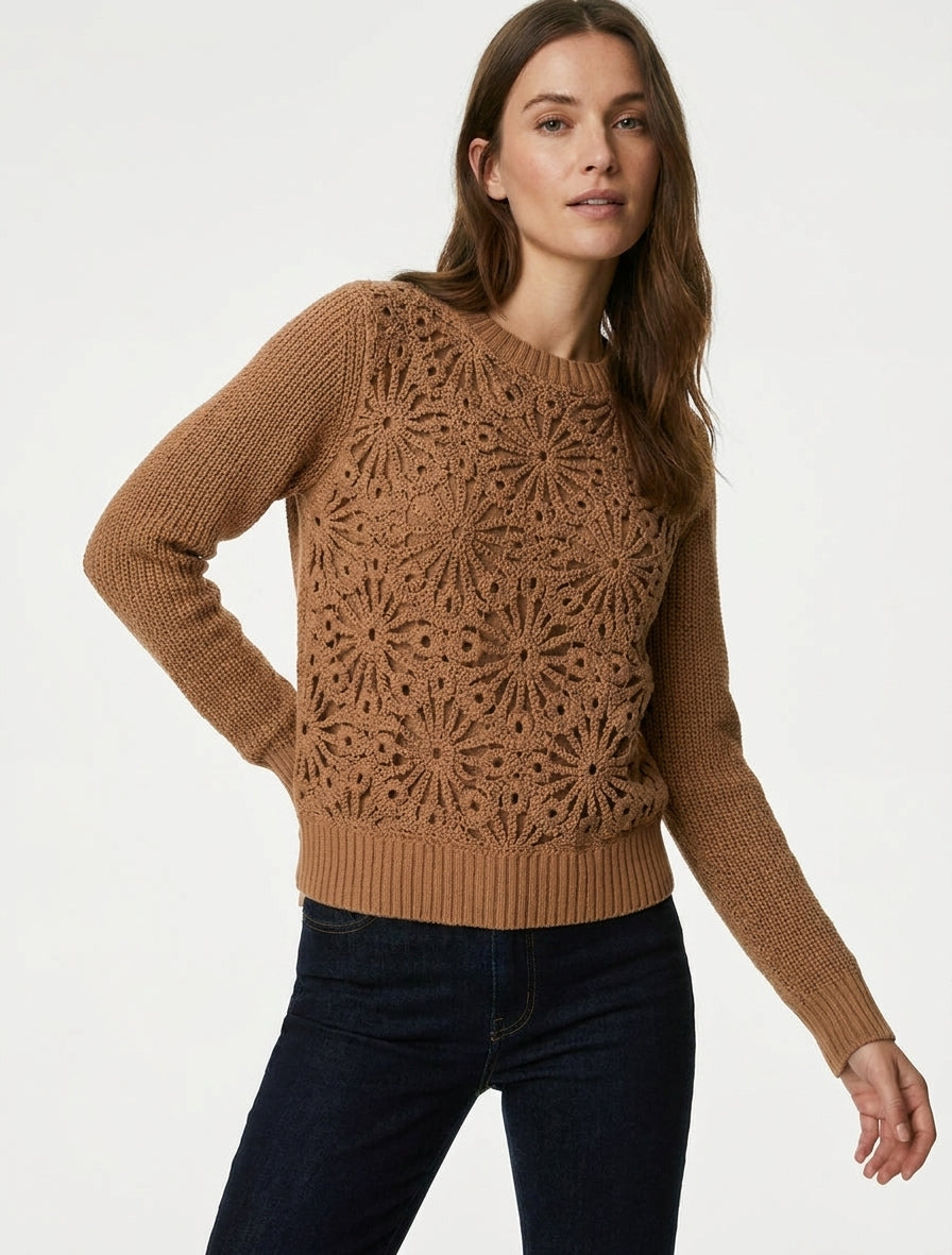 Pull en coton à macramé style floral - Camel