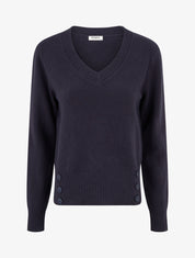 Pull droit à col V et boutons décoratifs - Bleu nuit - 1