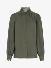 Blouse fluide col mao en dentelle - Kaki - 1