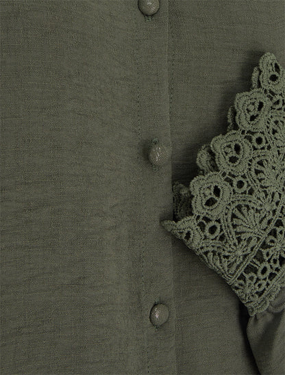 Blouse fluide col mao en dentelle - Kaki - 3
