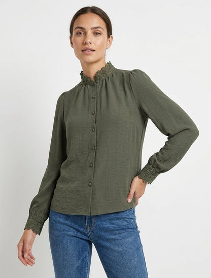 Blouse fluide col mao en dentelle - Kaki