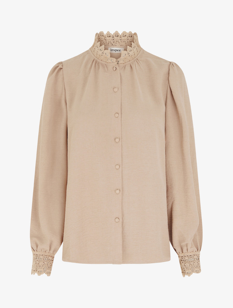 Blouse fluide col mao en dentelle - Beige - 1
