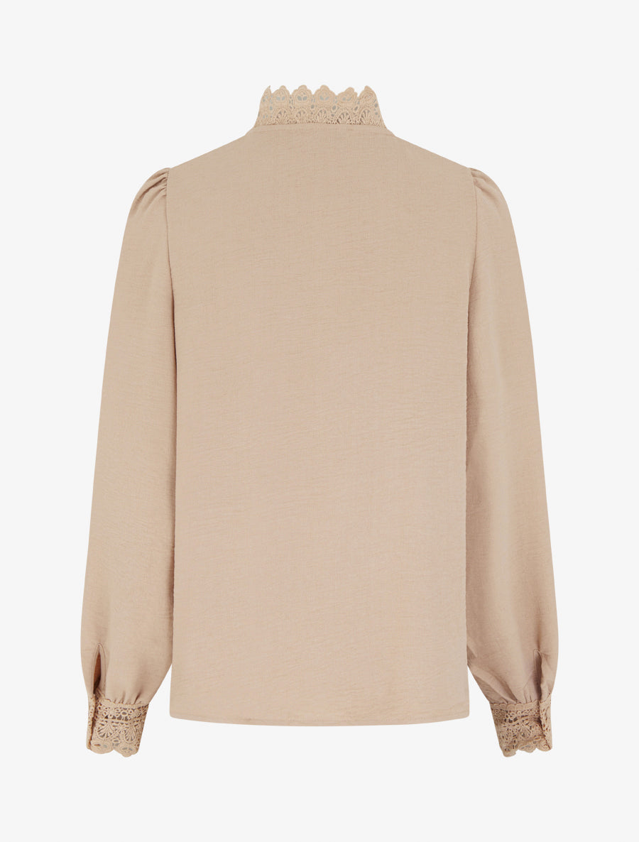 Blouse fluide col mao en dentelle - Beige - 2