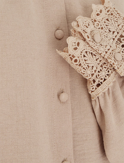 Blouse fluide col mao en dentelle - Beige - 3