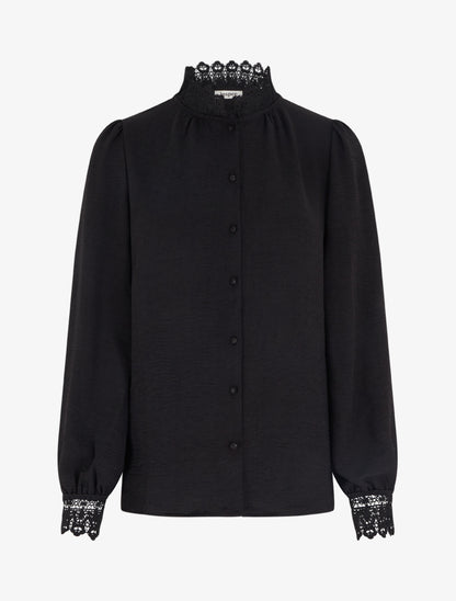 Blouse fluide col mao en dentelle - Noir - 1