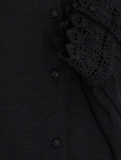 Blouse fluide col mao en dentelle - Noir - 3