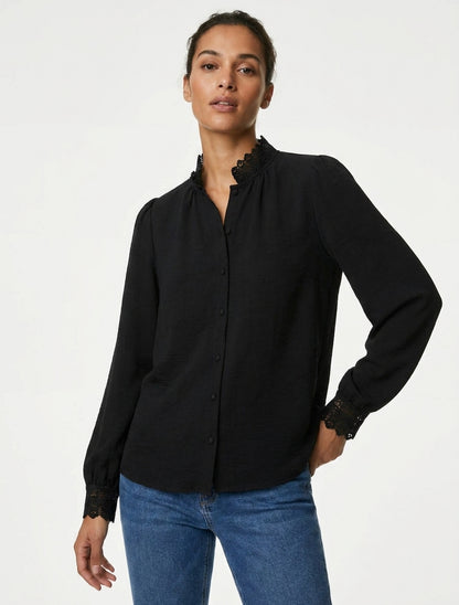 Blouse fluide col mao en dentelle - Noir