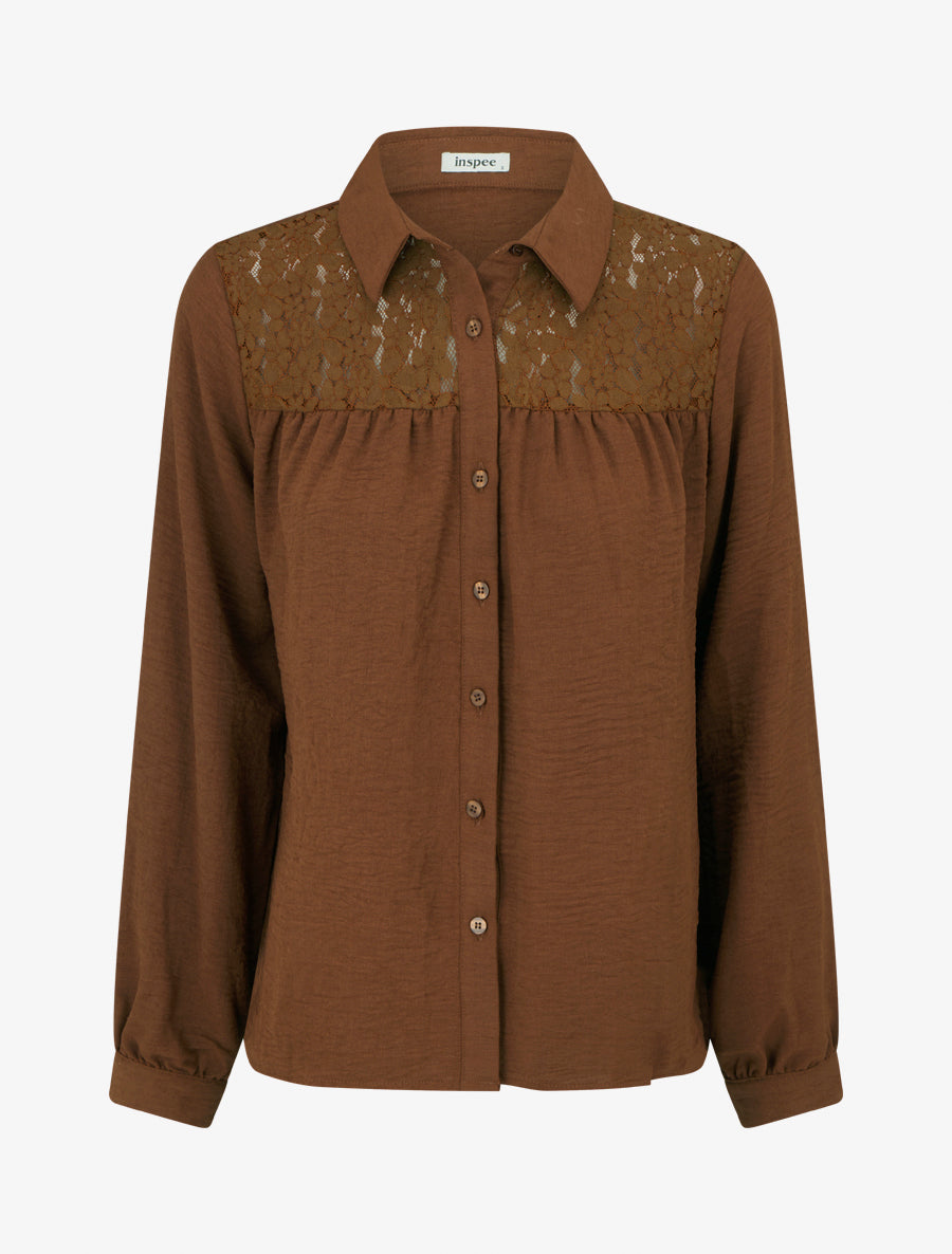 Chemise fluide empiècement dentelle - Camel foncé - 1