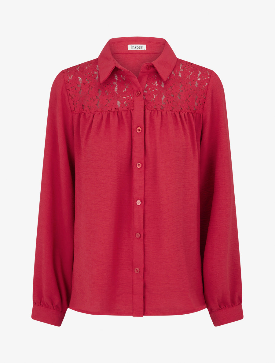 Chemise fluide empiècement dentelle - Rouge - 1