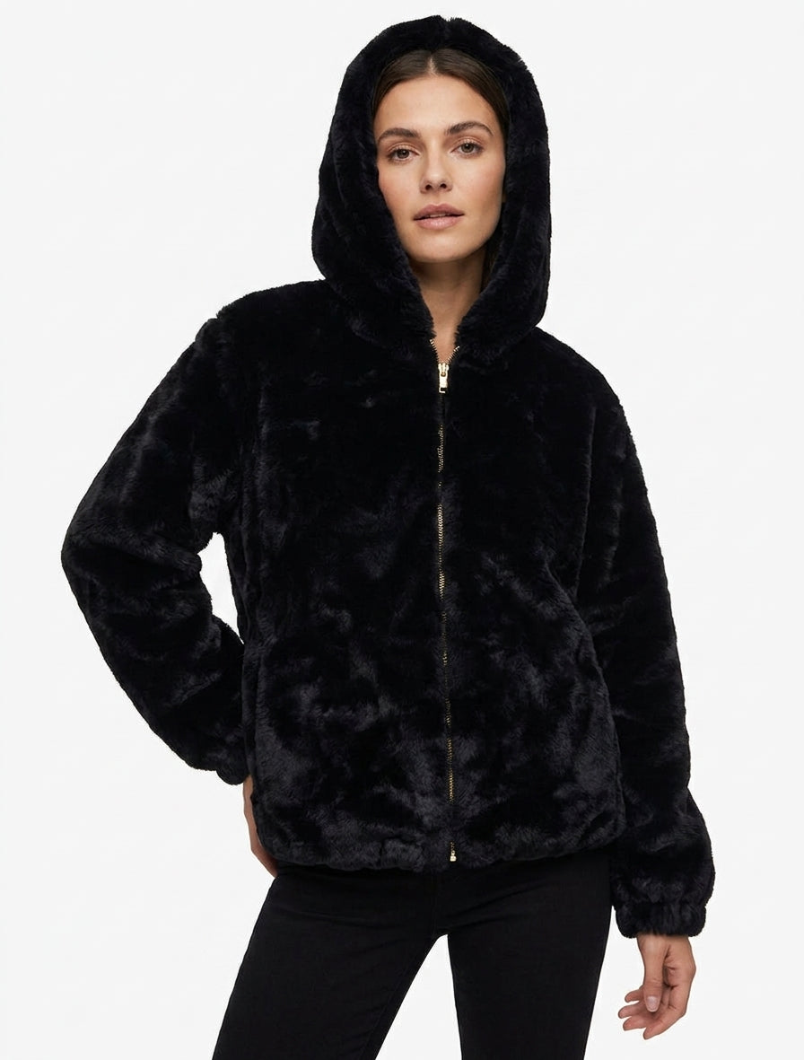 Blouson zippé en fourrure synthétique - Noir
