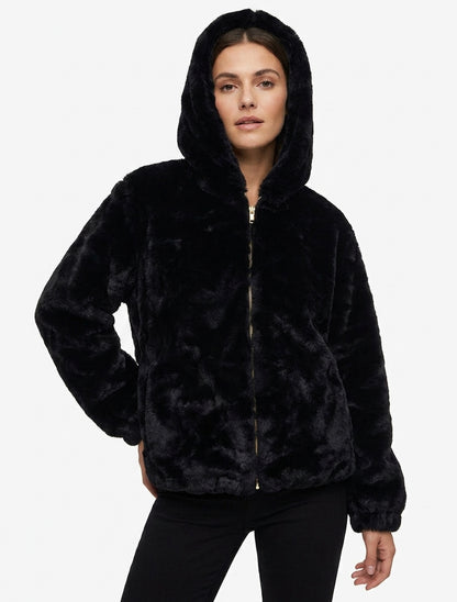 Blouson zippé en fourrure synthétique - Noir