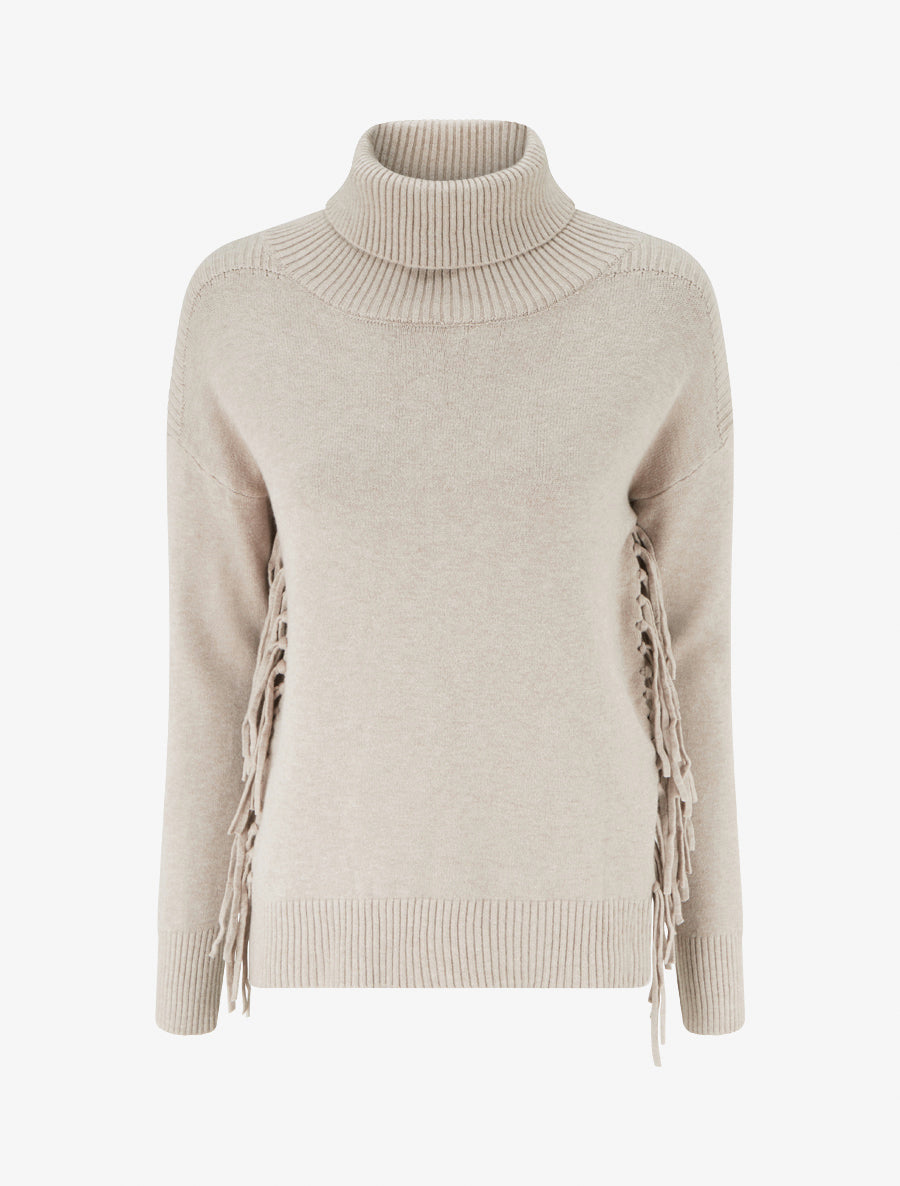 Pull uni frangés à col roulé - Taupe - 1