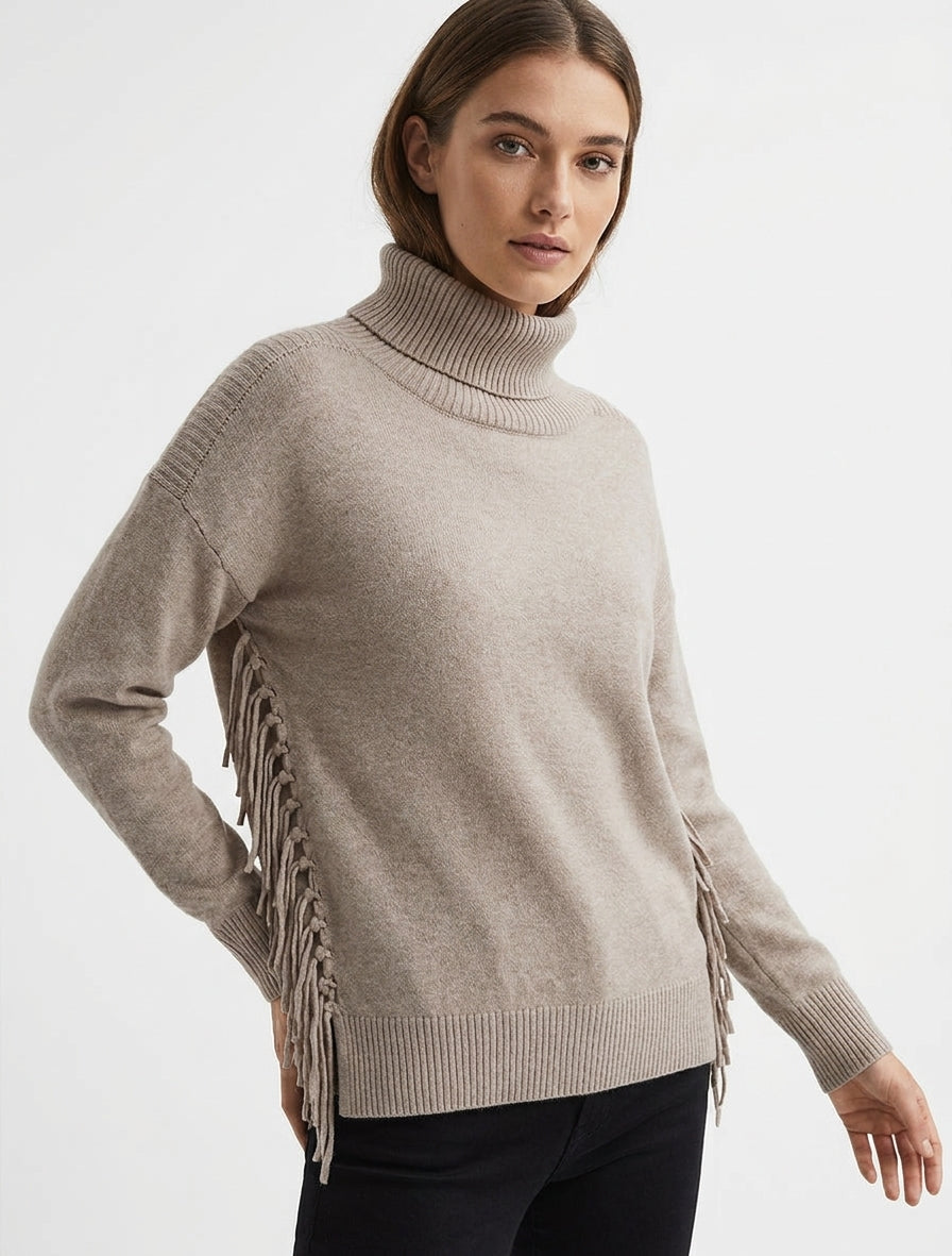 Pull uni frangés à col roulé - Taupe