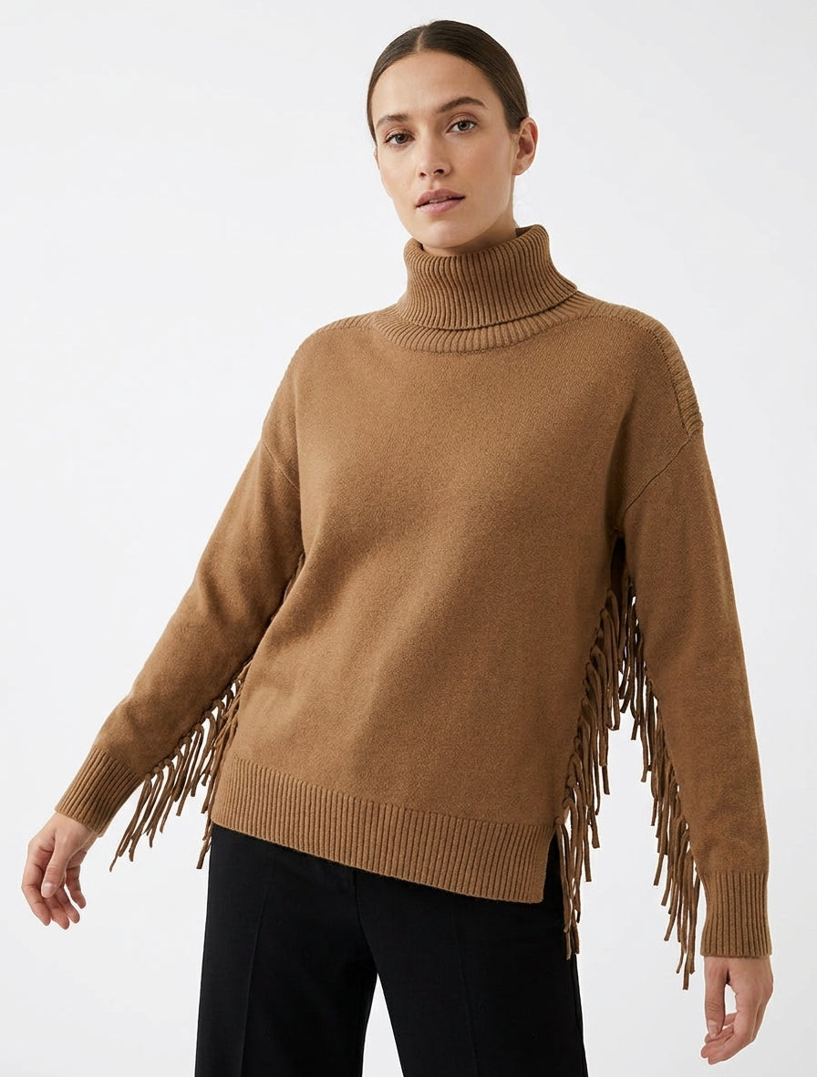 Pull uni frangés à col roulé - Camel