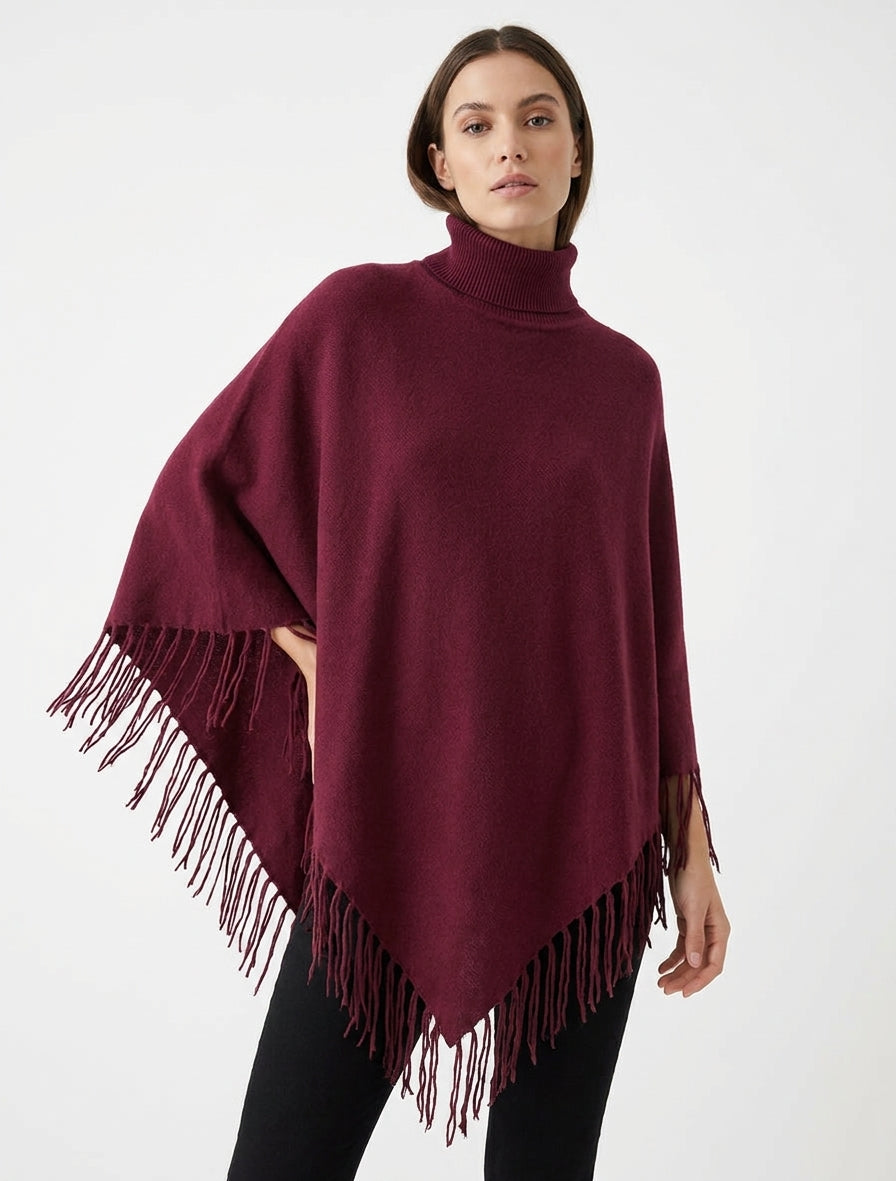 Poncho oversize à franges - Lie de vin