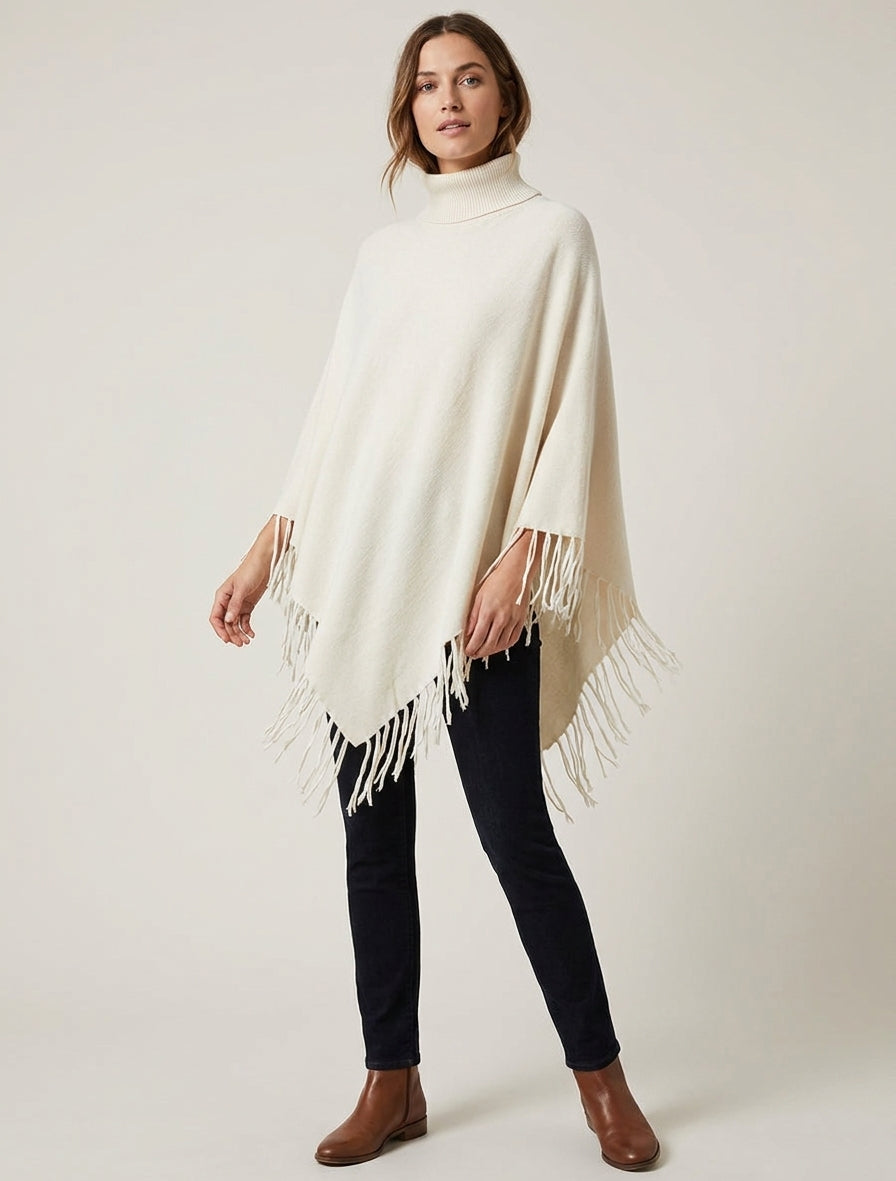 Poncho oversize à franges - Écru