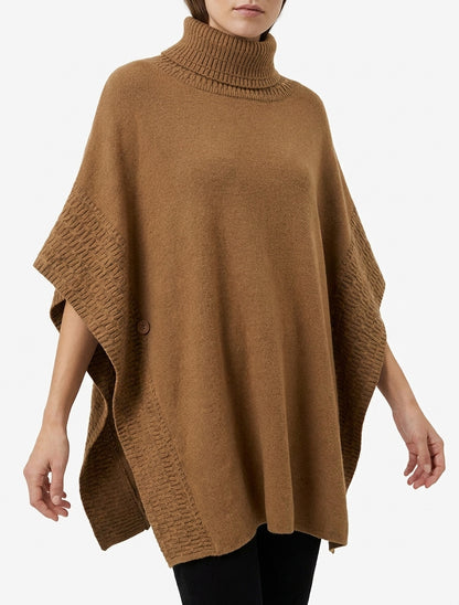 Poncho ample à col roulé en maille fantaisie - Camel