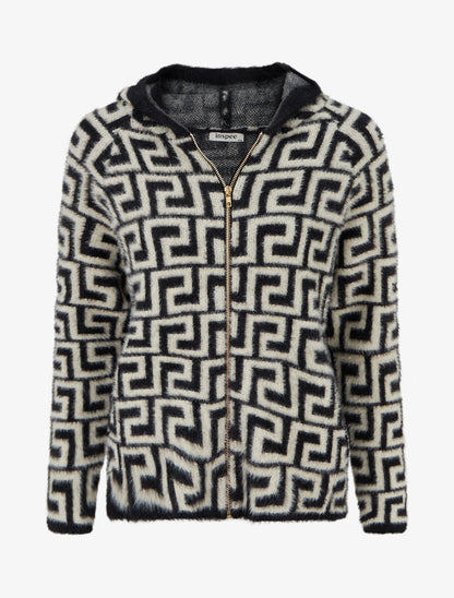 Sweat à capuche en maille duveteuse imprimé graphique - Noir - 1