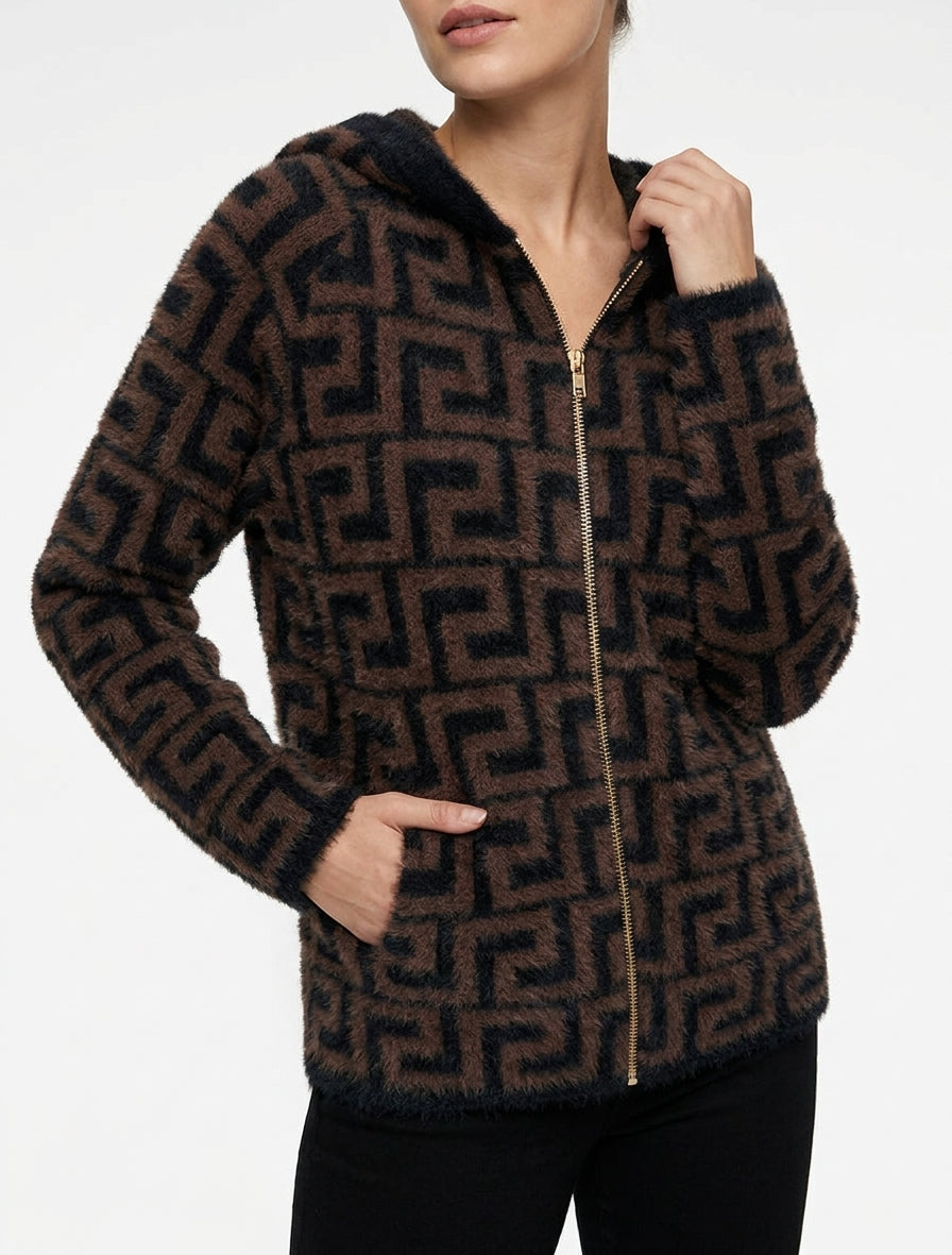 Sweat à capuche en maille duveteuse imprimé graphique - Marron