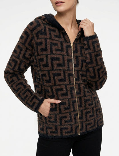 Sweat à capuche en maille duveteuse imprimé graphique - Marron