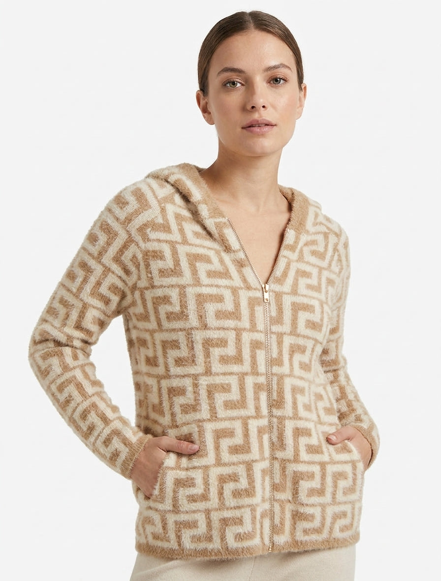 Sweat à capuche en maille duveteuse imprimé graphique - Camel