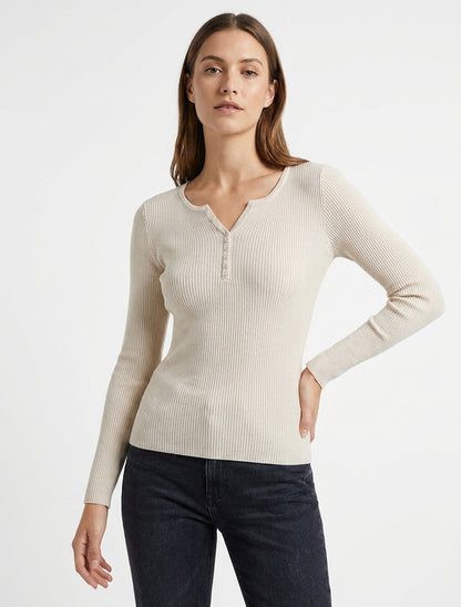 Pull ajusté et côtelé à col tunisien - Beige