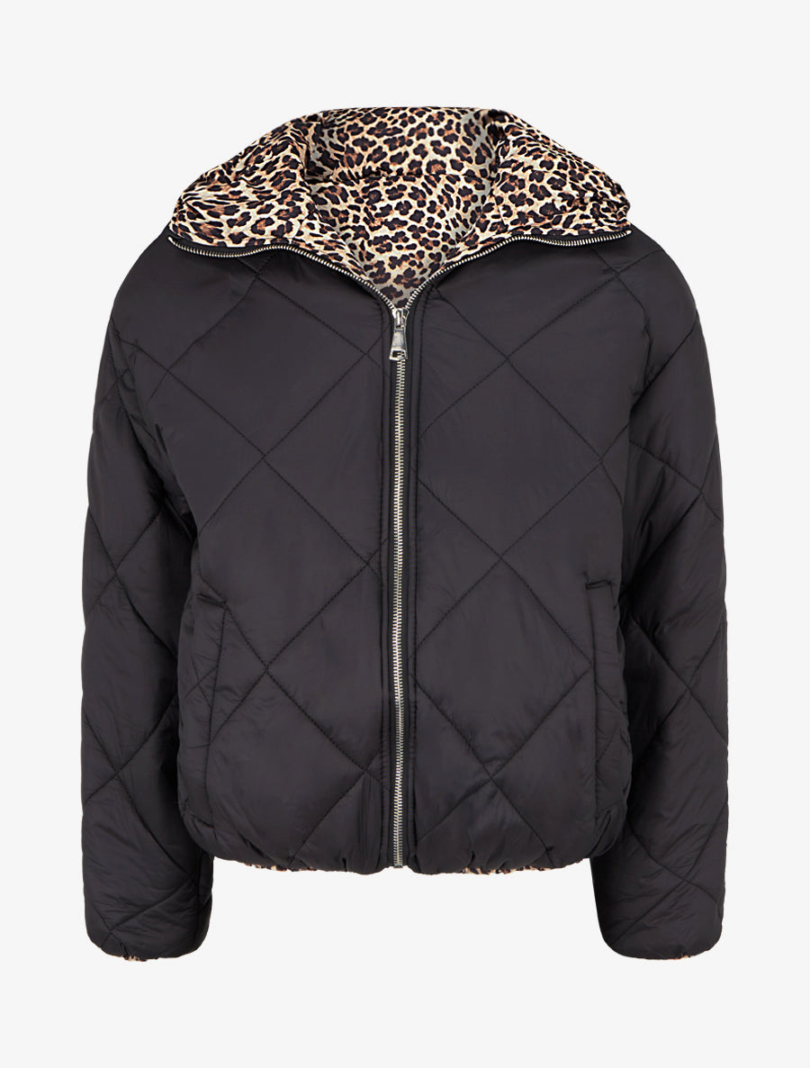 Doudoune zippée matelassée avec doublure léopard - Noir - 1