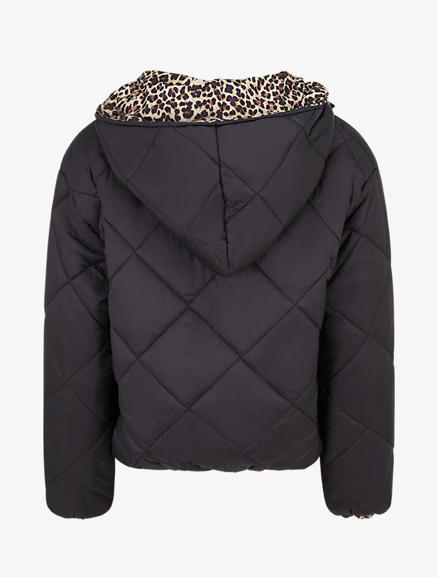 Doudoune zippée matelassée avec doublure léopard - Noir - 2