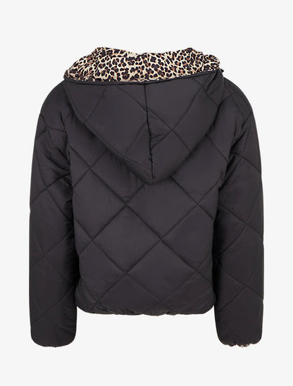 Doudoune zippée matelassée avec doublure léopard - Noir - 2