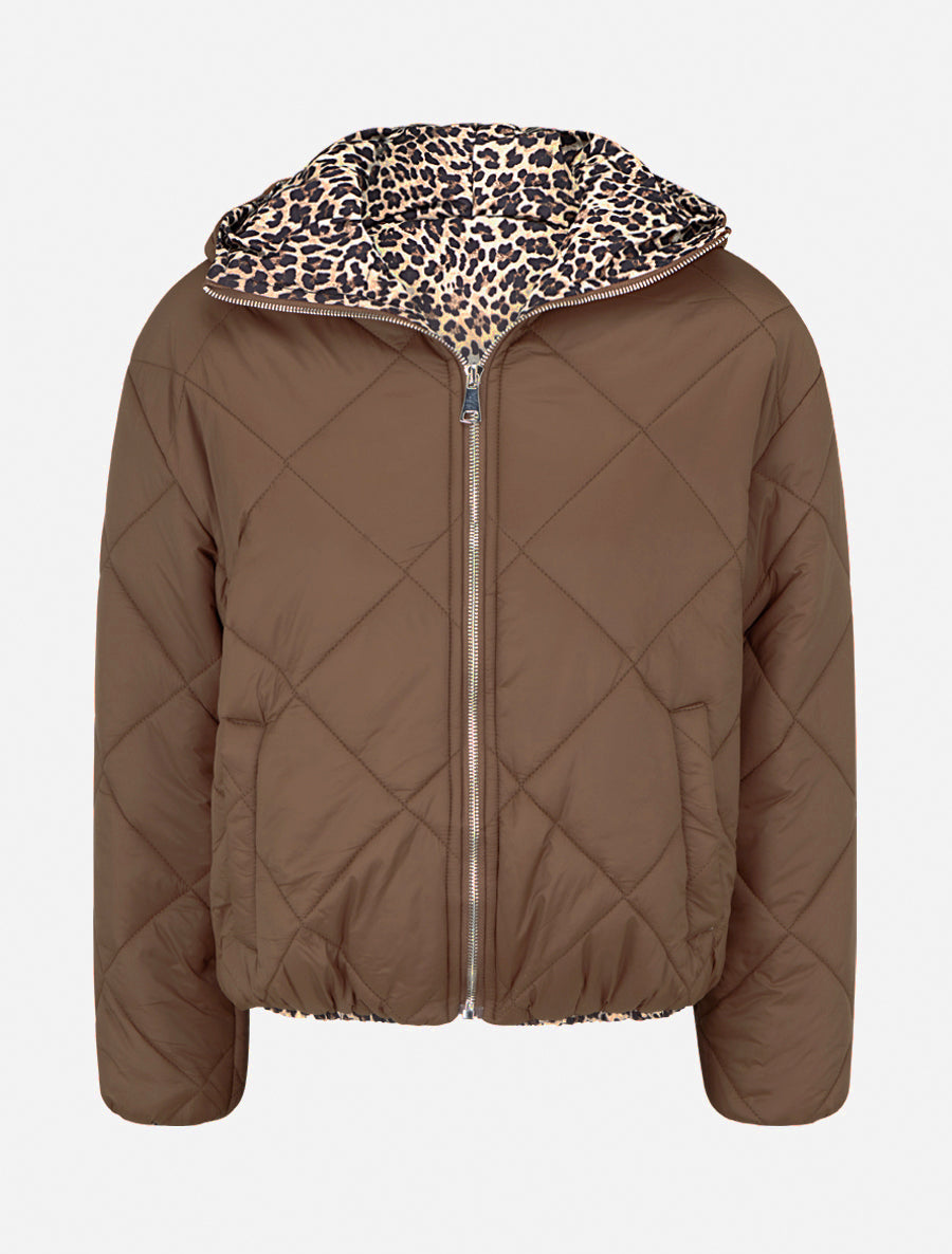 Doudoune zippée matelassée avec doublure léopard - Marron clair - 1