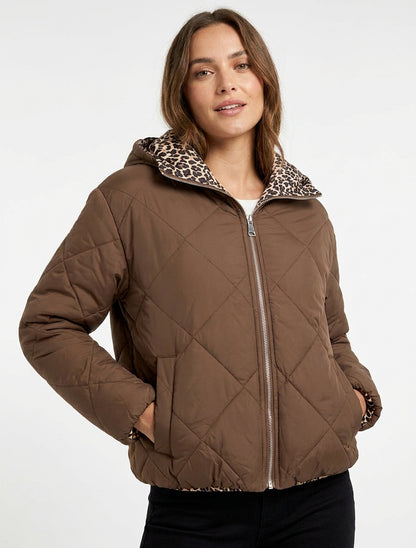 Doudoune zippée matelassée avec doublure léopard - Marron clair